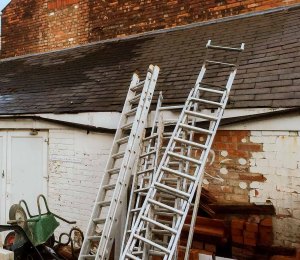 They have been storing their ladders like this since July 2015. Merrily destroying their own guttering. Do you want this shower on your property?